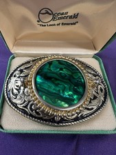 Vintage Western Style Belt Buckle W Abalone Shell Inlay Goldtone W Black Enamel  picture