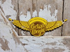 VINTAGE CURTISS WRIGHT PORCELAIN SIGN OLD AEROPLANE MOTOR CO. AIRPLANE DIECUT picture
