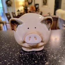 Small Ceramic Pig Figurine Hand Painted Glossy Beige Brown 4
