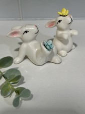Vintage Ceramic Bunny Rabbit Butterfly Salt And Pepper Shakers Retro Collectible picture
