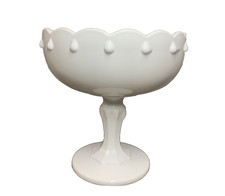 Vintage White Milk Glass Hobnail Pedestal Compote Bowl Scalloped Candy Dish picture