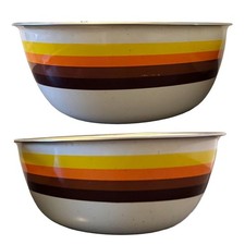 Vintage Enamel Mixing Bowls Set of 2 Striped Yellow Orange Brown 8
