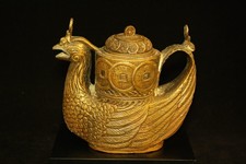 V6124 Vintage Asian Brass Pitcher with Phoenix.  Handle.  China. picture