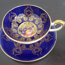 AYNSLEY Cobalt Blue Tea Cup & Saucer Orchard Fruit  Signed D. Jones picture