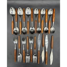 Vintage MODE DANISH Stainless Japan Wood Handle Flatware 22 Pc Set MCM 1960s picture