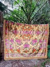 Vintage Italian Floral Cherub Bedspread 90x76 Velvet Plush Fringe Italy Coverlet picture