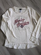 Y2K Harley Davidson Women's L Long Sleeve T-shirt Cream Ohio Cute picture