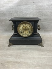 E. Ingraham Mantel Clock Antique Black With Brass Feet Ornate Handles Untested picture