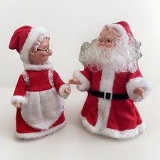 VTG Mr & Mrs Santa Clause 10” Plastic Christmas Pair Of 2 Dolls W/ Felt Clothin picture