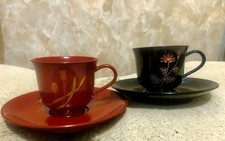 Unused Pair Japanese Echizen Urushi Lacquer Coffee Cups & Saucers  picture