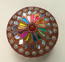 Vintage Indian Lac Mirror Work Trinket Box Round Glitter Orange Mosaic Jewelry C picture