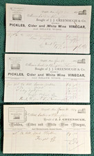 DEERFIELD MA J J Greenough & Co 3 Receipts 1870s Dealers in Pickles Grape Wine + picture