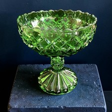 EAPG Ornate Faceted Green Glass Pedestal Bowl Christmas Holiday Centerpiece 6.5” picture