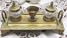 ANTQ. Double Inkwell Figural Face Of  Louis XV Victorian 19Th Century- Brass  picture