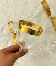 Set of 6 Gold Greek Key Wine Glasses Versace Inspired Luxury Vintage Stemware picture
