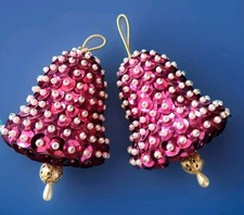 Vtg Lot (2) MCM Hand Made Beaded Sequin Pink Push Pin Christmas Ornaments picture