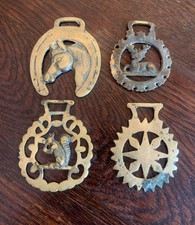 VTG English Horse Brasses Harness Medallions Set 4: Horse, Squirrel, Sun, Deer picture