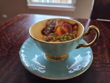 VTG Aynsley Orchard Fruit Footed Teacup and Saucer Turquoise Gold Trim Excellent picture