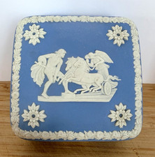 Vintage Wedgwood Blue Jasperware Square Trinket Box Ulysses Chariot 1967 picture