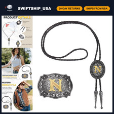 Western Cowboy Bolo Tie & Belt Buckle Set - Vintage Golden Cowhide Necktie Costu picture