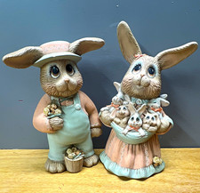 Vintage Sue Spears 1990  Signed Ceramic Rabbit Bunny Figurines Set of 2 picture