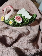 VTG ROYAL SEALY MAJOLICA FIGURAL SWAN PLANTER APPLIED ROSES HAND PAINTED VESSEL picture