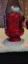 Vintage Indiana Glass Ruby Red Flashed Stars and Bars Fairy Lamp Votive Holder picture