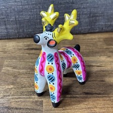 Vintage 6” Dymkovo Russian Clay Folk Art Pottery Reindeer Christmas Rudolph Pink picture