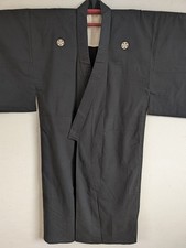 1930s, Antique Japanese Men’s Black Cotton Kimono, Five Kamon Family Crests,  picture