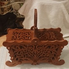 Handcrafted Carved Wood Rectangle Trinket Box w/ Lid Handle Floral Brown Small picture