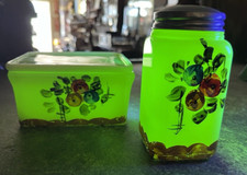 VTG McKee French Ivory Uranium Handpainted Butter Dish & Shaker Set RARE picture