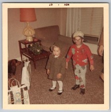 Vtg Color Snapshot Halloween Costume Kids Little Girl Boy Dachshund Dog Nov 1967 picture