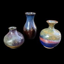 3 Studio Japanese Mini Vases Pottery Hand Thrown Drip Glaze Stoneware MCM picture
