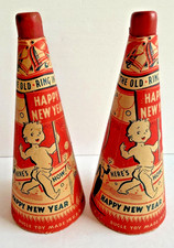 Set of 2 Bugle Toy Co Happy New Year Noisemaker Heavy Cardboard Horn 1930/40's picture