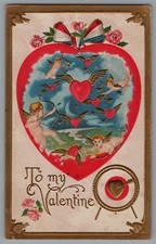 To My Valentine Heart containing embossed Cupids Winged Hearts Gold Edging A46 picture