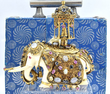 Gilt Silver Sri Lanka Vintage Kandy Jeweled Alabaster Marble Sapphire Elephant picture