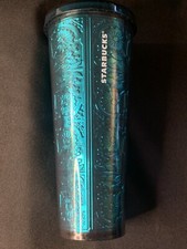 Starbucks 2017 Cold Cup 24 Oz Tumbler Embossed Tin Floral Metallic Foil Teal picture