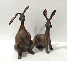 Large Rabbit Pair Metal Bunnies Pair Hare Figurine Copper Antique Statue 29 cm picture