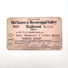 1907 Yazoo Mississippi Valley Railroad Exchange Pass Sunset Route No 610 Card picture
