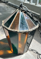 Vintage Handmade Stained Glass Pendant Lamp MCM Circus Amber Green Swag Light picture