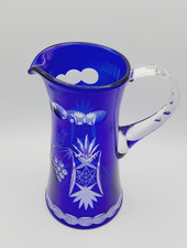 Vintage Cobalt Blue Cut to Clear Crystal Pitcher Vineyard Grape by Bayel, France picture