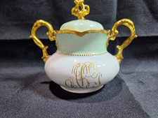 Antique 1920s Striegau Germany Porcelain Lidded Sugar Bowl Celery Mint GreenGold picture