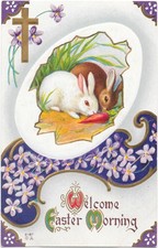 Welcome Easter Morning Postcard Rabbits Embossed Gold Cross c1910s picture