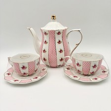 Grace Teaware Pink Polka Dot Rose Floral Porcelain Teapot and 2 Cup Saucer Set picture