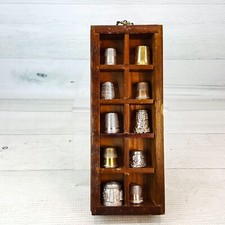 Vintage Metal Pewter Silver Thimble LOT of 10 & Wood 8 x 3