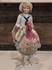 Rare Retired Bethany Lowe Thanksgiving Figurine Pilgrim Boy Riding Turkey Folk  picture