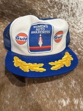 Vintage Gulf Oil Women’s Auto Awareness Trucker Hat Snapback Gold Leaf USA picture