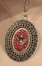 Lovely Swirl Accented Red Enameled Rising Dove Holy Spirit Silvertone Necklace picture