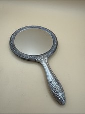 Antique Vintage Beautiful Silver Plated Ornate Vanity Hand Held Mirror Heavy picture