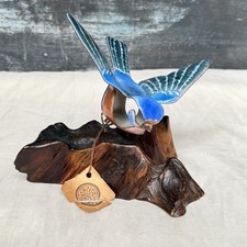 Norman Brumm Enamel On Copper Blue Bird Burl Wood Vintage Metal picture